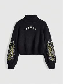 ROMWE Goth Plus Size Nature-Inspired Embroidery Butterfly, Plant, Snake Flower High Neck Pullover Sweater With Lantern Sleeves, Plus Size - Black - View 5