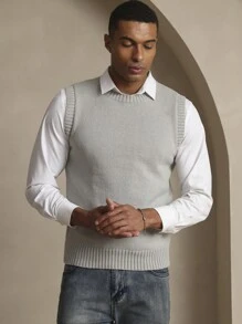 Manfinity Homme Men's Solid Color Crew Neck Sleeveless Knit Vest, Casual Everyday Wear