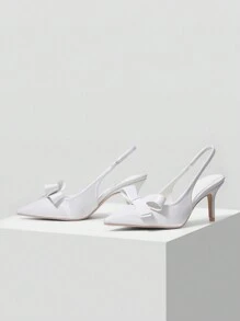 MOTF PREMIUM WOMEN SILVER BOW DECOR HIGH HEELS, CUTE ELEGANT PUMPS FOR COMMUTE, DATE, WEDDING, OFFICE, FORMAL PARTY