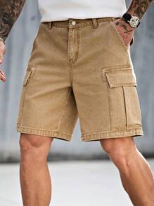 Manfinity Homme Men's Casual Washed Khaki Cargo Denim Shorts - Khaki - View 4