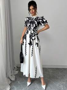 Calvaya Plant Print Stand Collar Ruffle Trim Empire Waist Women Short Sleeve Dress