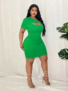 Slaydiva Women Plus Size Solid Green Basic Bodycon Mini Dress With Cutout Neck And Gathered Waist Design, Textured Fabric, Casual & Daily Wear, Spring/Summer