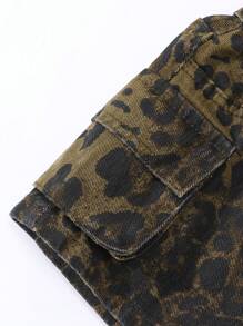 SHEIN 年轻女孩豹纹3D工装牛仔短裤，甜美街头风格 - 咖啡棕 - 查看 6