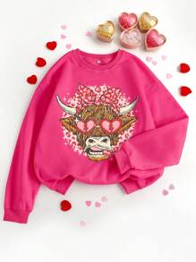 INAWLY Sudadera casual con cuello redondo para mujer con gráfico de cabeza de toro y corazón para el Día de San Valentín