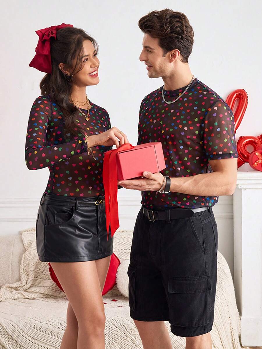 SHEIN LUNE 情人节心形印花修身透视女式背心，春夏网眼上衣，可作为礼物