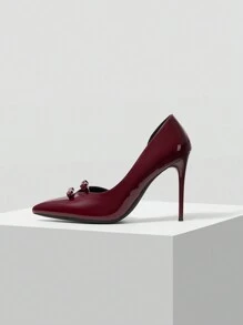 MOTF PREMIUM 女士时尚优雅通勤/派对蝴蝶结 ANKOLA 红色高跟鞋、尖头高跟鞋、春季鞋 - 酒紅色 - 查看 1