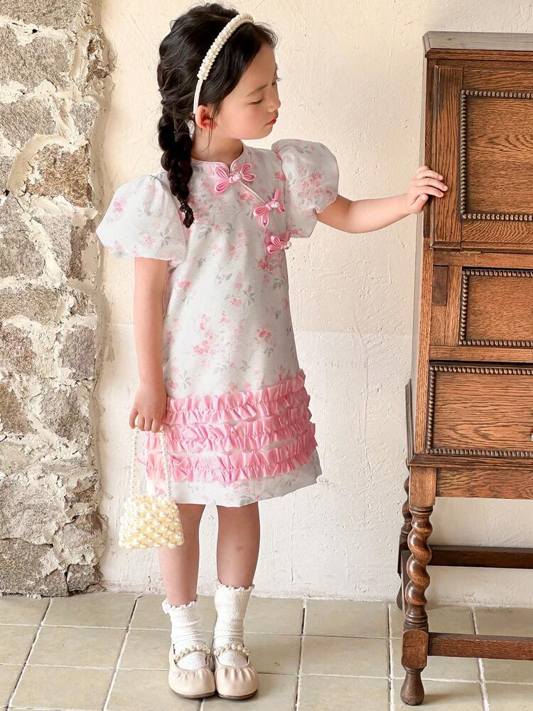 Young Girl Short Sleeve Floral Print Elegant Simple Dress, Girls Summer Outfits Vacation