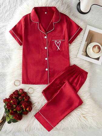 LuxeNights 2pcs Faux Silk Heart Embroidery Short Sleeve Top & Pants Red Pajama Set