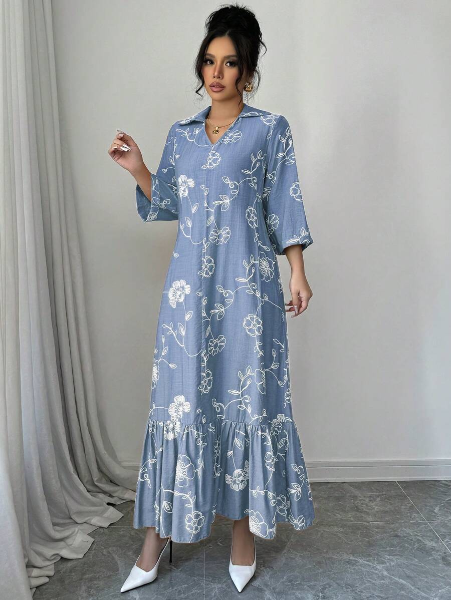 Modelyn Elegant Floral Embroidery Long Dress, Autumn - Blue - View 1