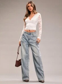 SHEIN BAE Women V-Neck Lace Patchwork Long Sleeve T-Shirt - White - View 3