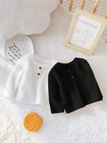 SHEIN 2 Pieces Set Newborn Infant Baby Boy/Girl Vintage All-Match Button Decor Round Neck Long Sleeve Textured Knit Pullover Top, Versatile & Minimalist Style For Home & Outdoor, Autumn/Winter - Black and White - View 8