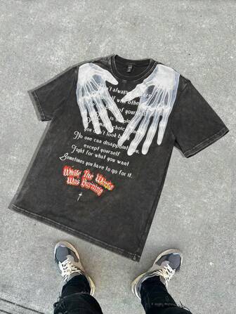 Grunge Punk T-shirt décontracté imprimé à manches courtes et col rond pour homme