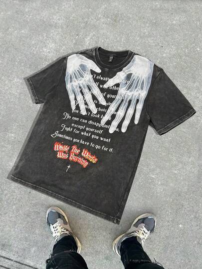 Grunge Punk Camiseta casual de manga corta y cuello redondo estampada para hombre