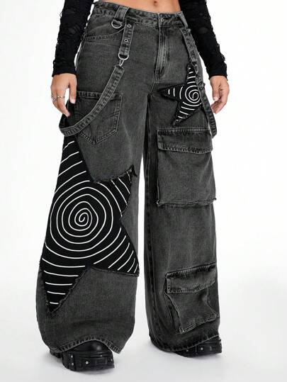 Pantalones cargo anchos de pierna ancha con parches de estrellas desgastados y estilo punk para mujer de talla grande