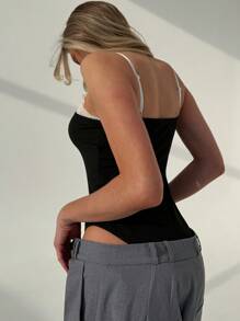 Aloruh New Elegant Lace Splicing Contrast Color Sexy Spaghetti Strap Bodycon Bodysuit - Black - View 2