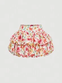 SHEIN MOD 浪漫彩色花朵双层泡泡裙，度假裙，女式春节服装，热带优雅，女式花卉外出服装，女式复活节服装，沙滩装，女式茶会服装，女式波西米亚服装