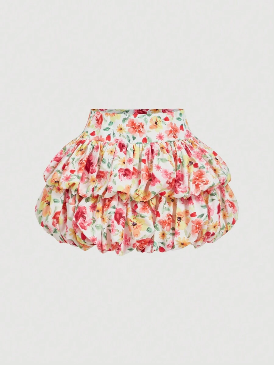 SHEIN MOD 浪漫彩色花朵双层泡泡裙，度假裙，女式春节服装，热带优雅，女式花卉外出服装，女式复活节服装，沙滩装，女式茶会服装，女式波西米亚服装