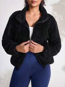 SHEIN Sports Giacca corta in pile di corallo, maglione reversibile in pile con cappuccio per coppie, invernale caldo e imbottito