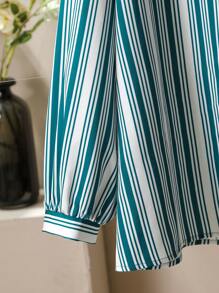 Lacomfia Plus Size Women Contrast Color Block Striped Loose Casual Rhinestone Decorated Shirt Fall Cloth For Women - Green - View 3
