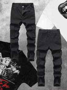 SHEIN Teen Boy Casual Fashion Black Cargo Pocket Design Loose Straight Leg Boys Jeans For Dailywear And Boys Outfits Fall Clothes