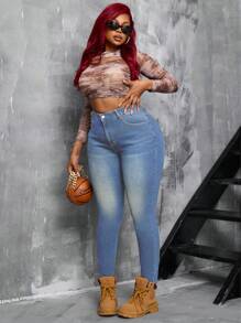 SHEIN SXY Jeans ajustados y elásticos de talla grande para mujer, estilo vitage