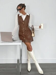 SHEIN Essnce Women's Solid Color Front Button Simple Casual Short Dress - Brown - View 6