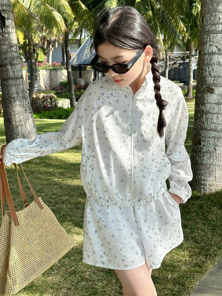 Tween Girls Vacation Casual Ditsy Floral Jacket & Shorts 2 Pieces Set