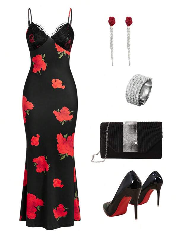 Ellevyn Elegantes, romantisches Damen Kleid mit Blumenprint in Rot und Schwarz Spitzenkragen, perfekt für den Valentinstag