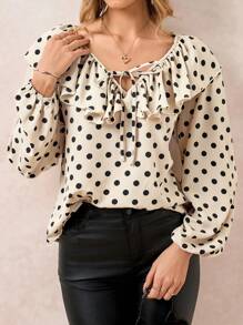 SHEIN Clasi Camisa elegante de manga larga para mujer con estampado de lunares en color albaricoque y negro, cuello con volantes y mangas acampanadas, adecuada para viajar y vacaciones en primavera y otoño, uso diario