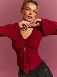 L'Amorae Top à manches longues avec ouverture torsadée pour la Saint-Valentin, tenues d'été pour femmes - Vert - Voir 3