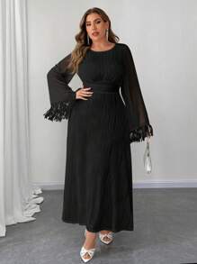 Elenzga Plus Size Crew Neck Bell Sleeve Textured Knit Cinched Waist A-Line Dress Maxi Women Outfit Fall Cloth For Women