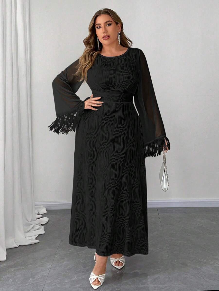 Elenzga Plus Size Crew Neck Bell Sleeve Textured Knit Cinched Waist A-Line Dress Maxi Women Outfit Fall Cloth For Women