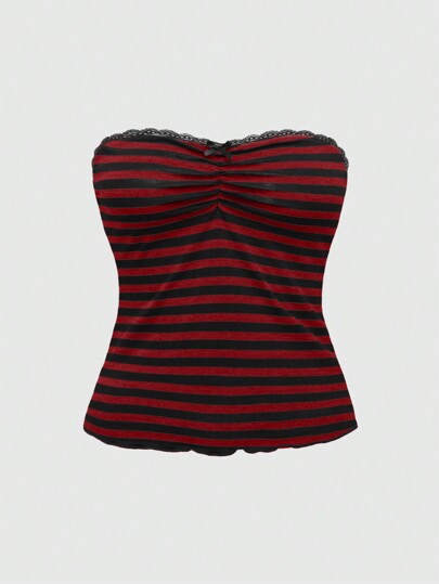 Grunge Punk Top aderente da donna con stampa leopardata, fiocco, arricciature e pizzo, in rosso, ideale per le vacanze