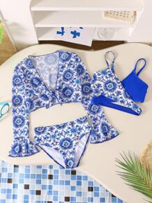 3 stuks/set badkleding voor meisjes, mesh top met vintage porseleinen bloemenprint
