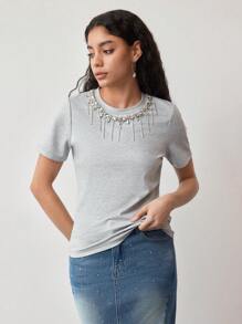 MOTF STUDIO RHINESTONE FRINGE FITTED T-SHIRT - Grey - View 5