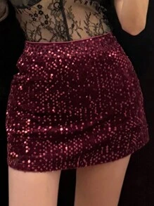 DAZY 女士时尚纯色亮片紧身撞色亮片酒红色迷你裙，秋季圣诞节新年冬季女装半身裙 - 紅色 - 查看 8