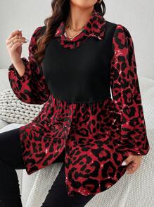 SHEIN LUNE Plus Size Women's Leopard Print Long Sleeve Shirt Collared Top Fall Women ClothesBusiness Casual Woman