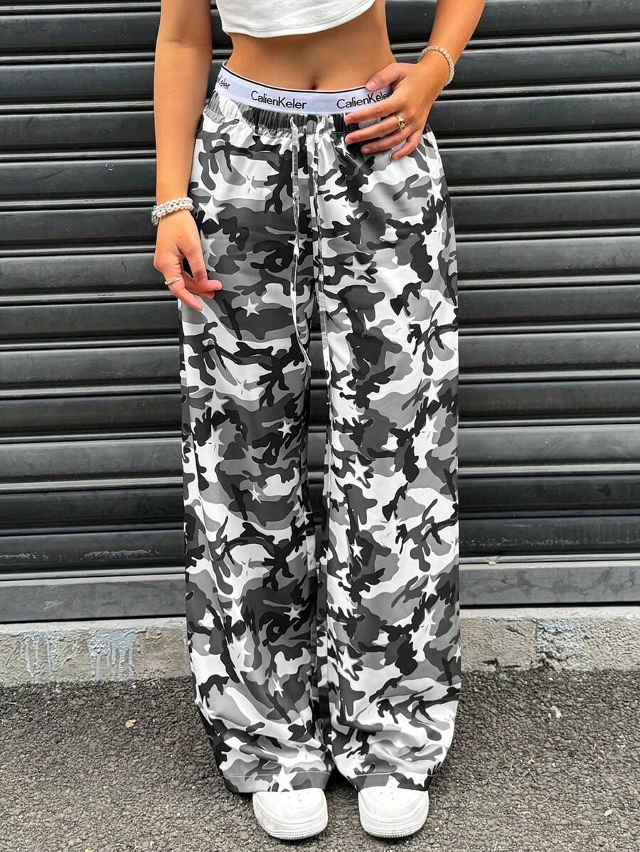 SHEIN EZwear Women's Casual Camouflage Print Drawstring Waist Wide Leg Pants - Grey - View 1