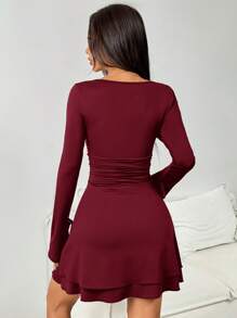 SHEIN EZwear V-Neck Cinched Waist Long Sleeve Women Wine Red Dress, Autumn New Arrival - Burgundy - View 2