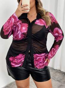 SHEIN CURVE+ Plus Size Casual Sexy V-Neck Open Front Long Sleeve Ruched Color Block Print Blouse For Autumn/Winter,Valentines,Rose,Heart,Polka Dot,Love,Lip,Cupid,3D Flower