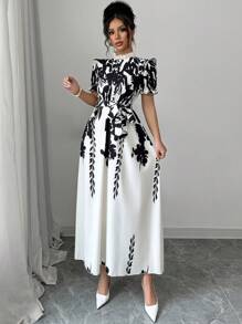 Calvaya Plant Print Stand Collar Ruffle Trim Empire Waist Women Short Sleeve Dress