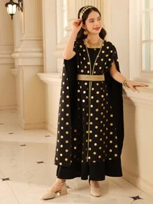 2pcs/Set Tween Girl Polka Dot Pattern Dress And Slip Dress - Black - View 4
