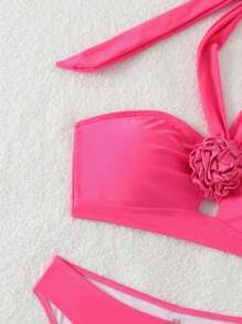 SHEIN Swim 优雅 3D 花卉装饰吊带夏季泳装比基尼套装，休闲沙滩装 - 玫紅色 - 查看 6