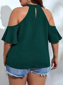 SHEIN VCAY Plus Size Vacation Casual Solid Color Cold Shoulder Halter Shirt