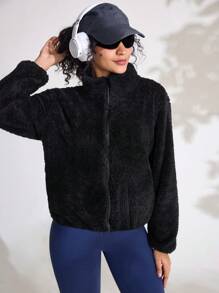 SHEIN Sports Giacca corta in pile di corallo, maglione reversibile in pile con cappuccio per coppie, invernale caldo e imbottito
