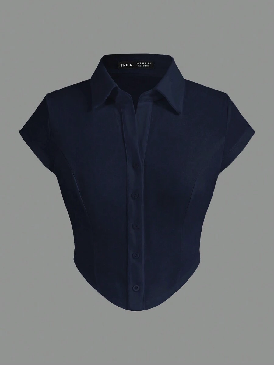 SHEIN EZwear 海军蓝色纯色针织前扣短袖衬衫 - 藏蓝色 - 查看 1