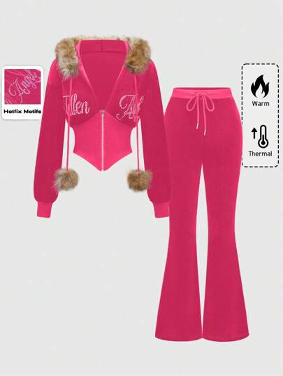 J-Fashion Femmes 2 pièces Pull à capuche en velours de style Y2K avec col en fourrure et application de strass