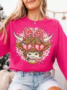 INAWLY Sudadera casual con cuello redondo para mujer con gráfico de cabeza de toro y corazón para el Día de San Valentín