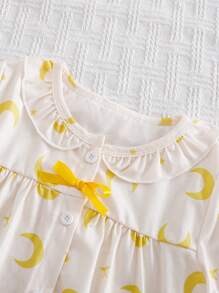 Young Girl Moon & Star Print Ruffle Hem Open Front Short Sleeve Pajama Set, Suitable For Family Gatherings - Yellow - View 5