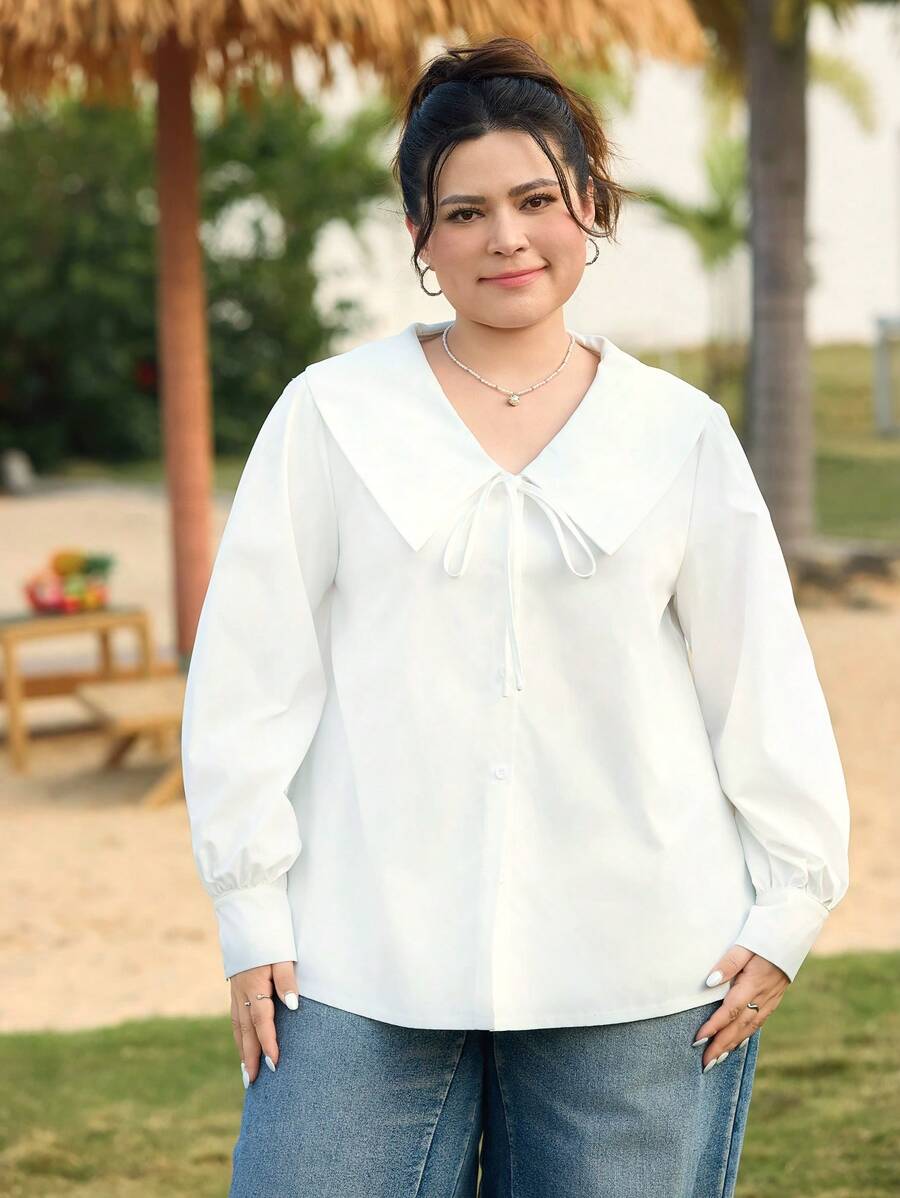 SHEIN EZwear Plus Size Casual White Loose Long Sleeve Shirt, Spring - White - View 1